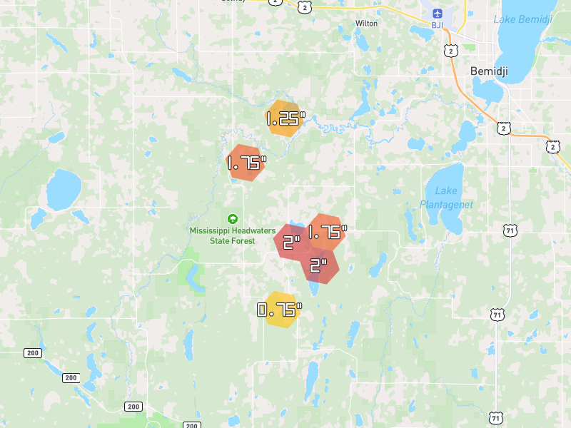 Hail map of Solway, MN on Jul 3, 2026, hail up to 2"