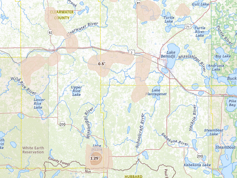 Radar-estimated hail-size map of the storm over Solway, MN on Jul 4, 2026