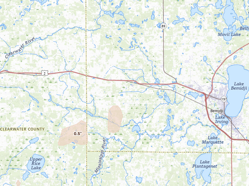 Radar-estimated hail-size map of the storm over Solway, MN on Aug 3, 2026