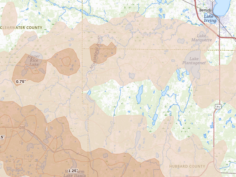 Radar-estimated hail-size map of the storm over Solway, MN on Aug 6, 2026