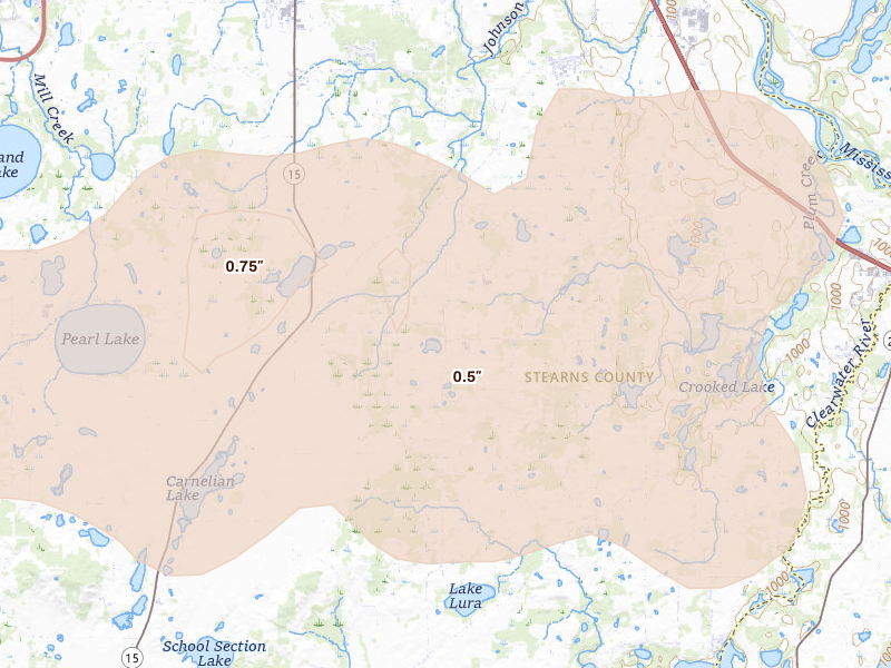 Radar-estimated hail-size map of the storm over South Haven, MN on Jul 25, 2026