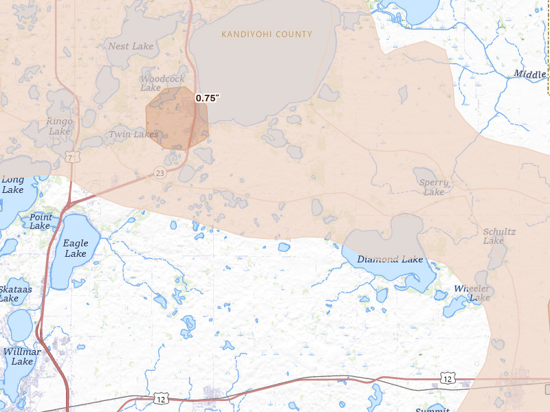 Radar-estimated hail-size map of the storm over Spicer, MN on Aug 7, 2026
