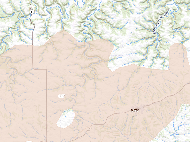 Radar-estimated hail-size map of the storm over Spring Grove, MN on Jul 1, 2026