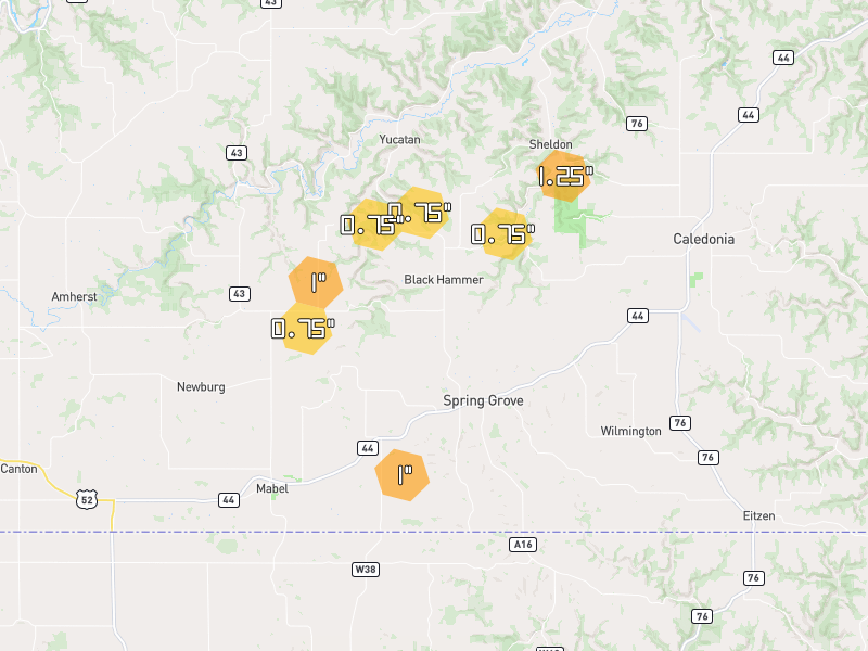 Hail map of Spring Grove, MN on Jul 1, 2026, hail up to 1.25"