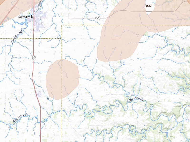 Radar-estimated hail-size map of the storm over Spring Valley, MN on Apr 17, 2026