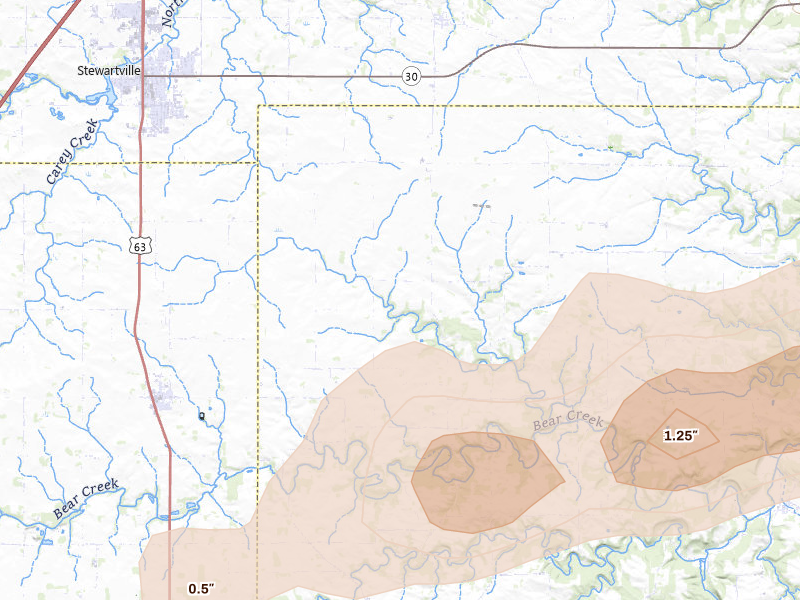 Radar-estimated hail-size map of the storm over Spring Valley, MN on Jun 10, 2026
