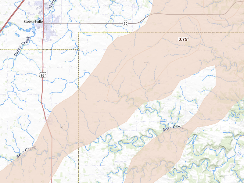 Radar-estimated hail-size map of the storm over Spring Valley, MN on Jun 30, 2026