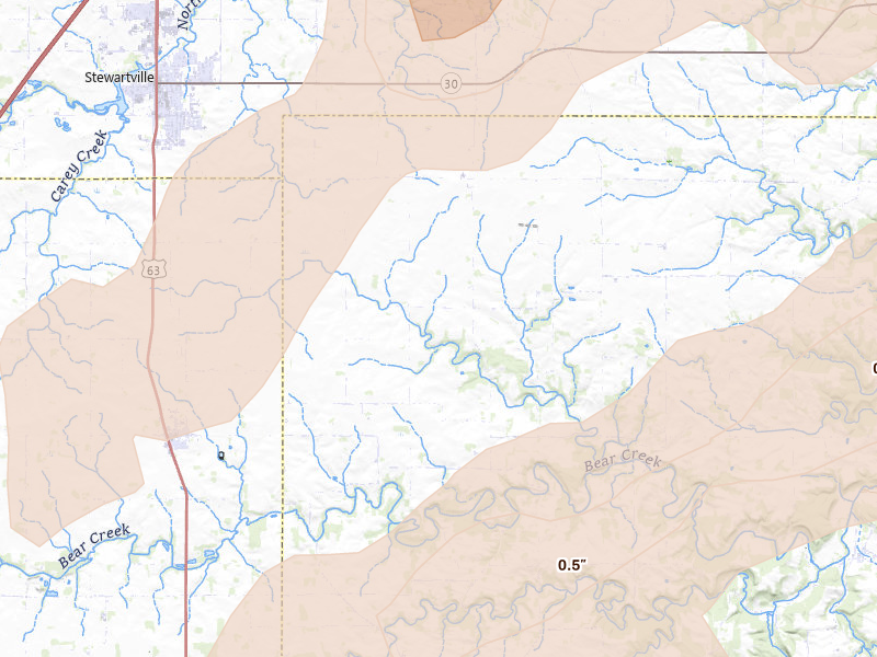 Radar-estimated hail-size map of the storm over Spring Valley, MN on Jul 1, 2026