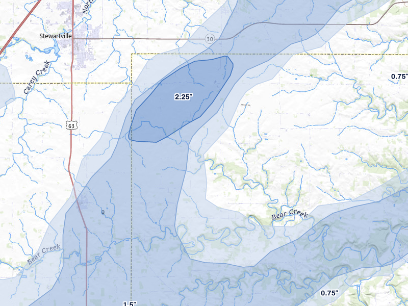 NEXRAD radar-signature map of the hail storm over Spring Valley, MN on Jul 1, 2026