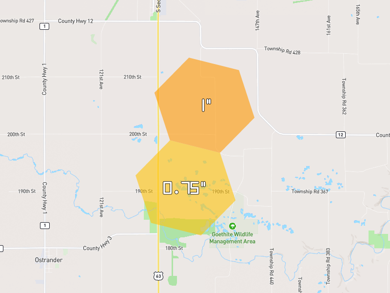 Hail map of Spring Valley, MN on Jul 1, 2026, hail up to 1"