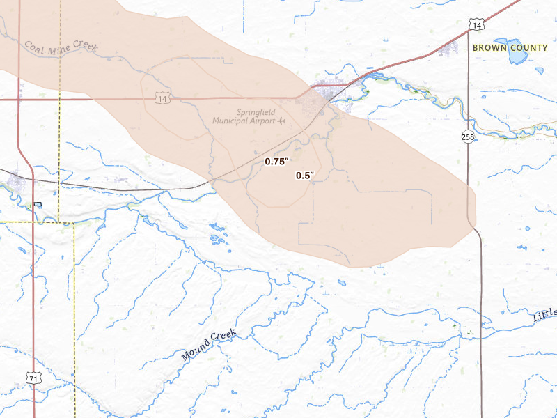 Radar-estimated hail-size map of the storm over Springfield, MN on Jul 19, 2026