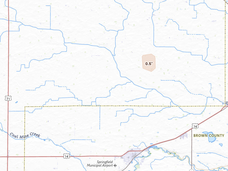 Radar-estimated hail-size map of the storm over Springfield, MN on Aug 8, 2026