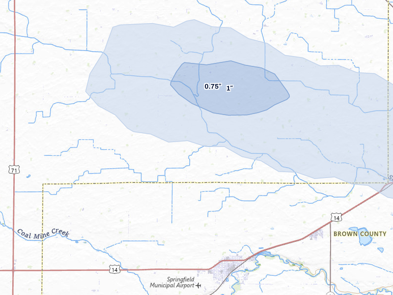 NEXRAD radar-signature map of the hail storm over Springfield, MN on Aug 8, 2026
