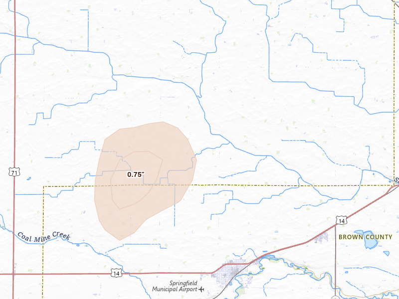 Radar-estimated hail-size map of the storm over Springfield, MN
