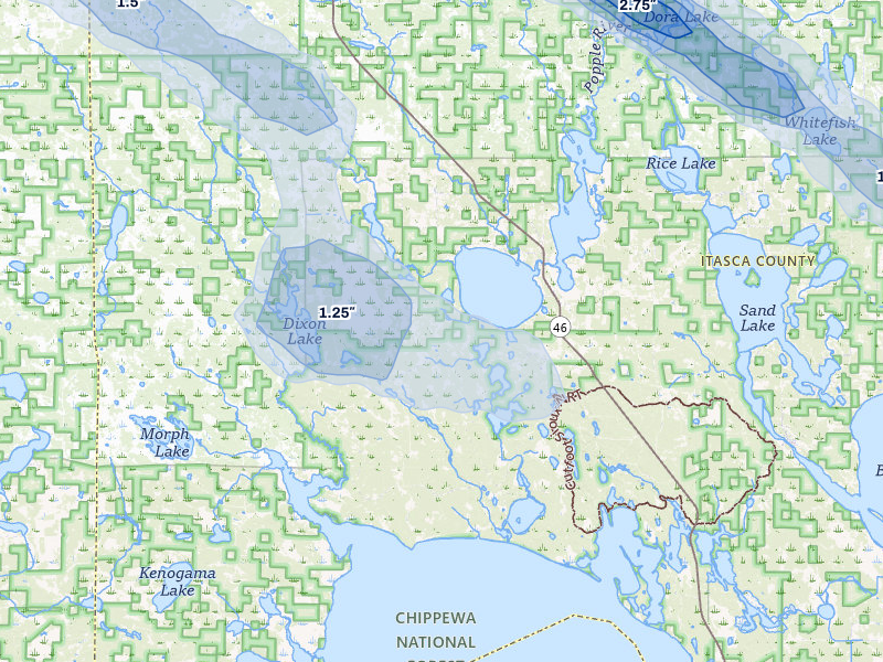 NEXRAD radar-signature map of the hail storm over Squaw Lake, MN on Jul 24, 2026