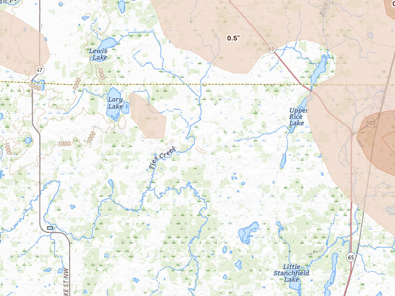 Radar-estimated hail-size map of the storm over Stanchfield, MN on Jun 19, 2026