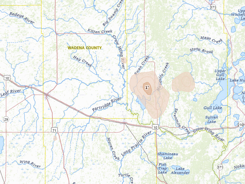 Radar-estimated hail-size map of the storm over Staples, MN on May 26, 2026