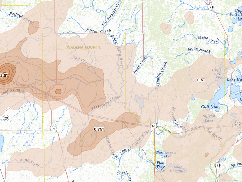 Radar-estimated hail-size map of the storm over Staples, MN on Jun 29, 2026