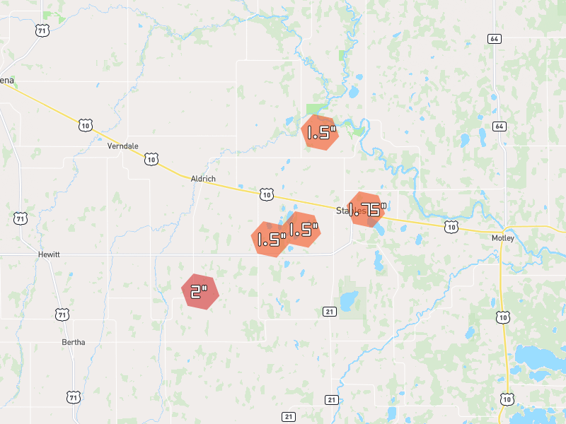 Hail map of Staples, MN on Jun 29, 2026, hail up to 2"