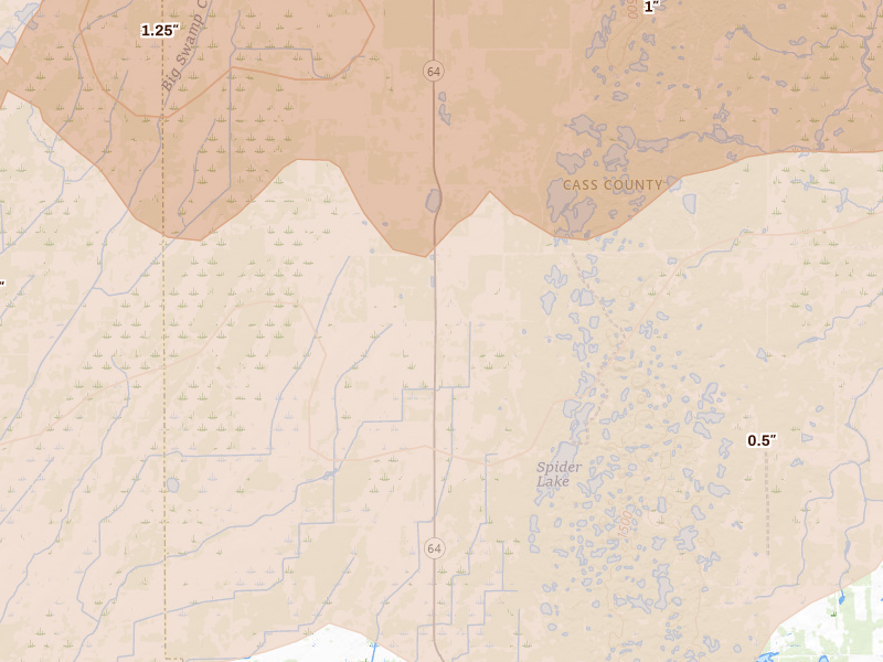 Radar-estimated hail-size map of the storm over Staples, MN on Aug 7, 2026
