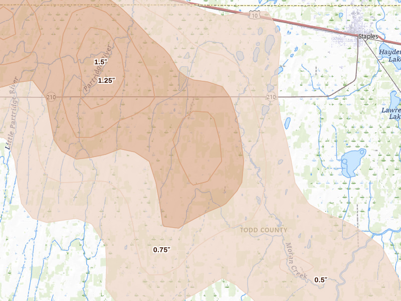 Radar-estimated hail-size map of the storm over Staples, MN on Aug 17, 2026