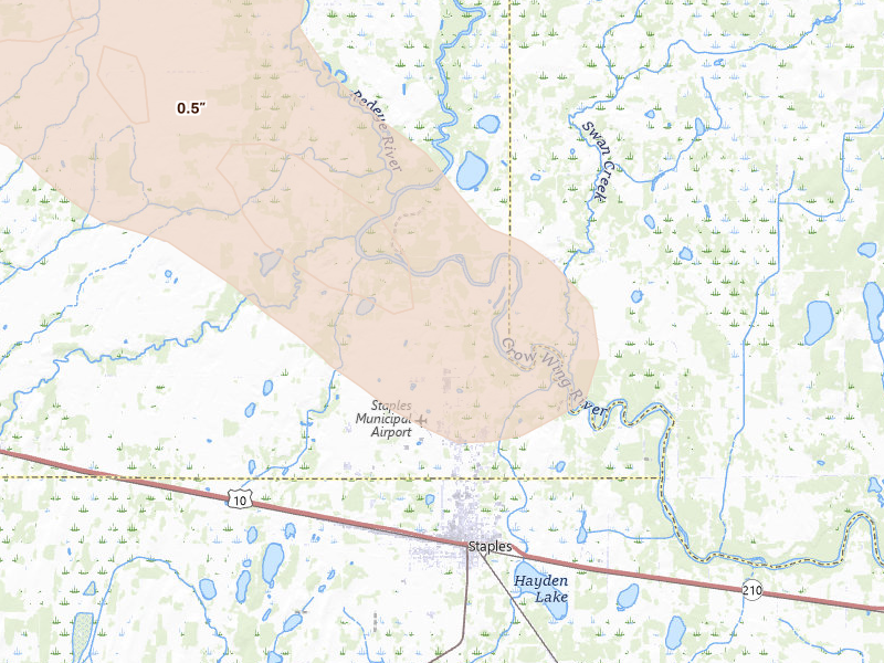 Radar-estimated hail-size map of the storm over Staples, MN on Aug 20, 2026