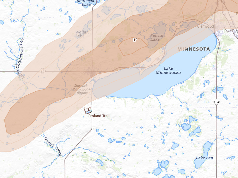 Radar-estimated hail-size map of the storm over Starbuck, MN on Jun 10, 2026