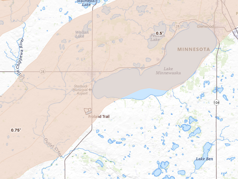 Radar-estimated hail-size map of the storm over Starbuck, MN on Jun 29, 2026