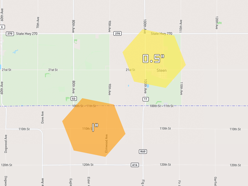 Hail map of Steen, MN on Jun 30, 2026, hail up to 1"
