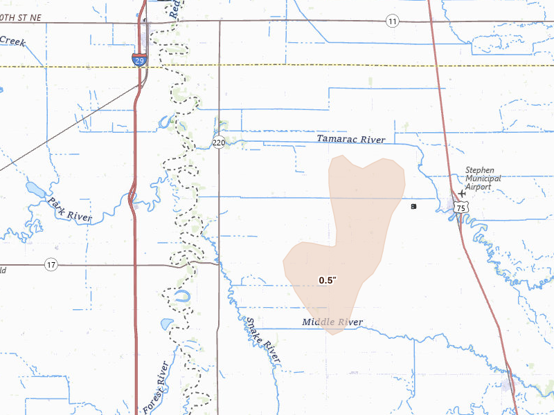Radar-estimated hail-size map of the storm over Stephen, MN on Jun 9, 2026