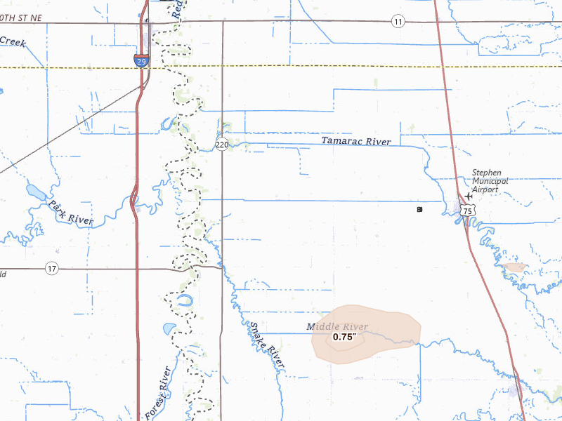 Radar-estimated hail-size map of the storm over Stephen, MN on Jun 23, 2026