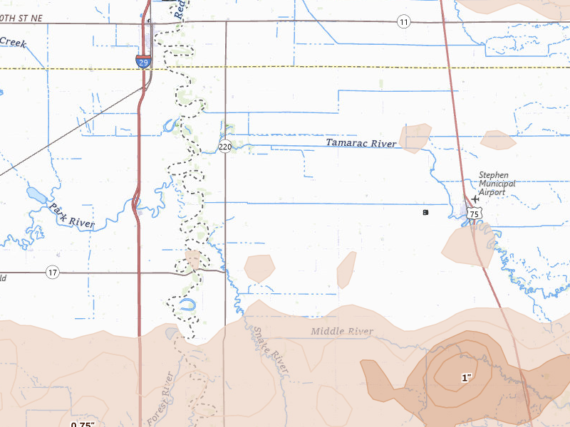 Radar-estimated hail-size map of the storm over Stephen, MN on Jul 24, 2026