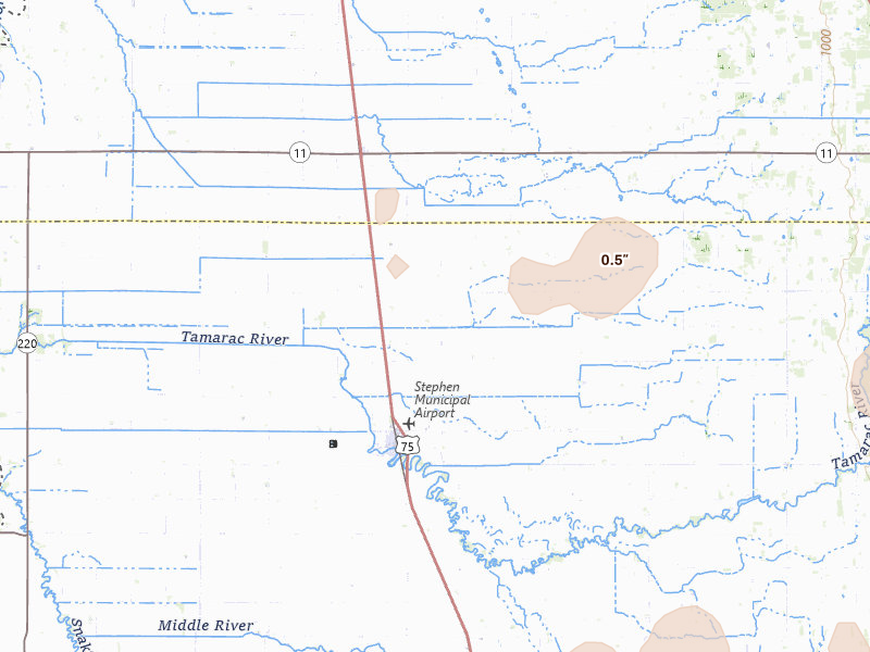 Radar-estimated hail-size map of the storm over Stephen, MN on Aug 24, 2026