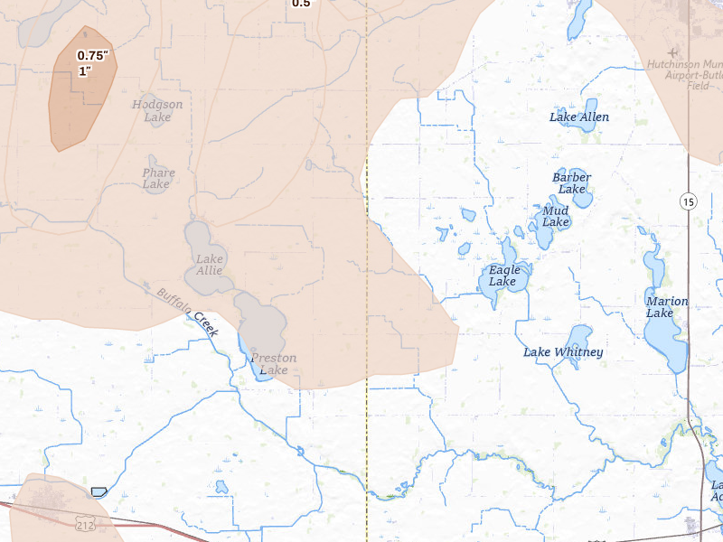 Radar-estimated hail-size map of the storm over Stewart, MN on Aug 7, 2026