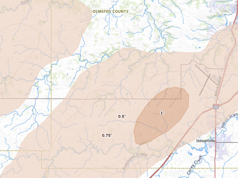 Radar-estimated hail-size map of the storm over Stewartville, MN on Apr 17, 2026