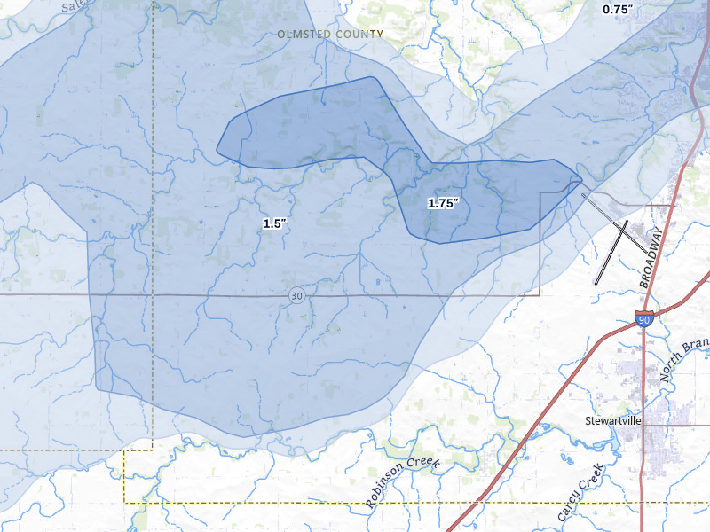 NEXRAD radar-signature map of the hail over Stewartville, MN
