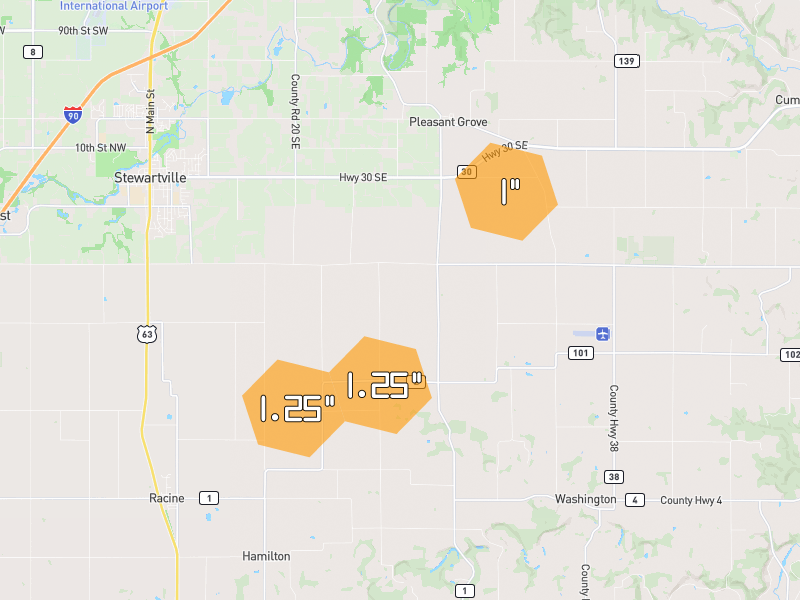 Hail map of Stewartville, MN on Jul 1, 2026, hail up to 1.25"