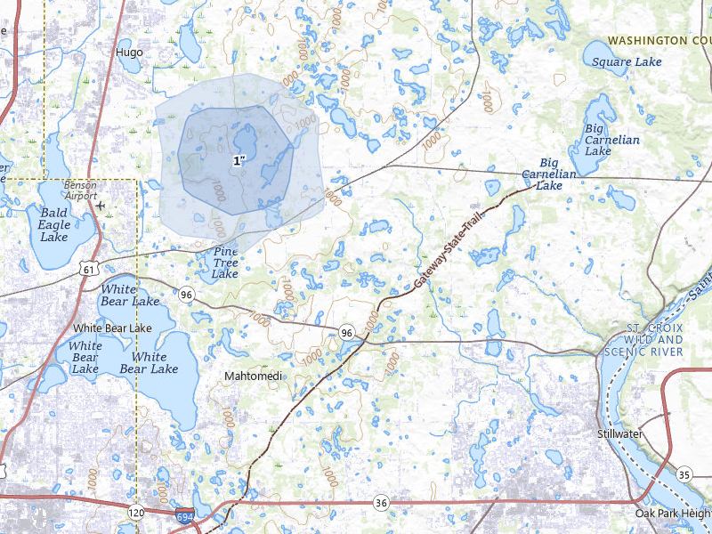 NEXRAD radar-signature map of the hail storm over Stillwater, MN on Jun 4, 2026