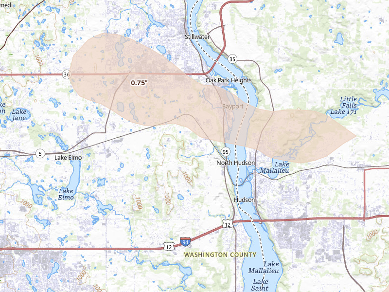 Radar-estimated hail-size map of the storm over Stillwater, MN on Aug 8, 2026