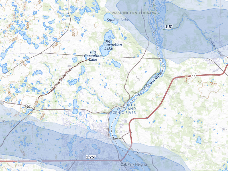 NEXRAD radar-signature map of the hail storm over Stillwater, MN on Aug 8, 2026