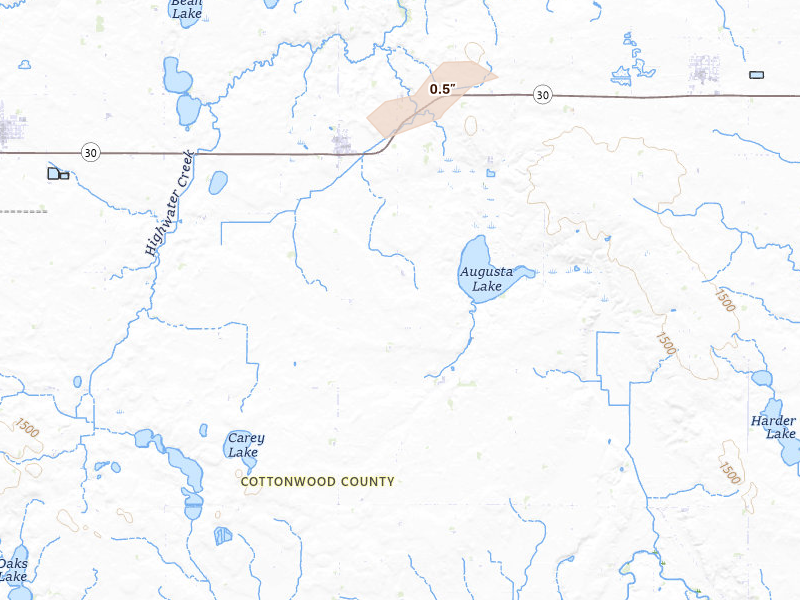 Radar-estimated hail-size map of the storm over Storden, MN on Aug 31, 2026