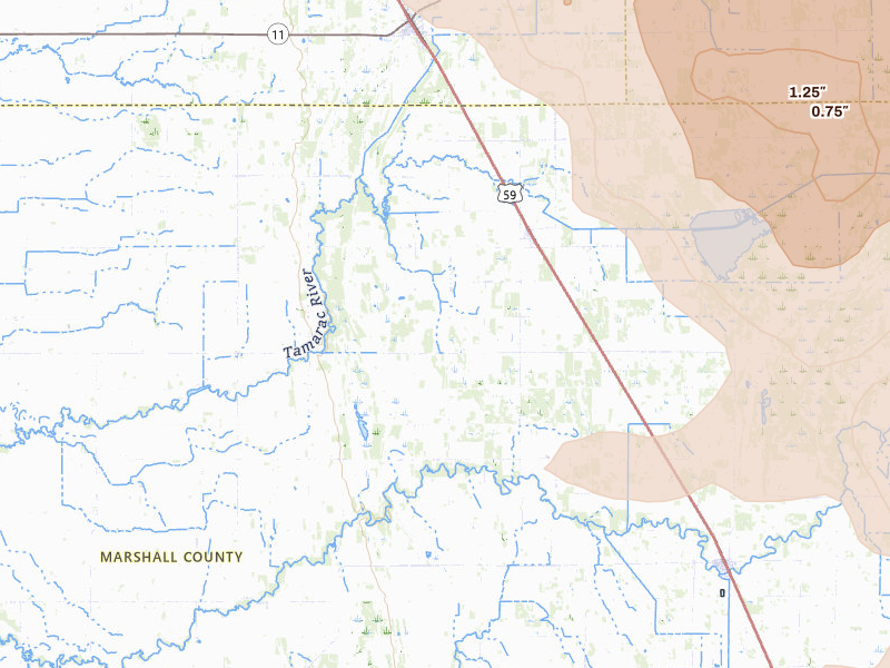 Radar-estimated hail-size map of the storm over Strandquist, MN on Jul 6, 2026
