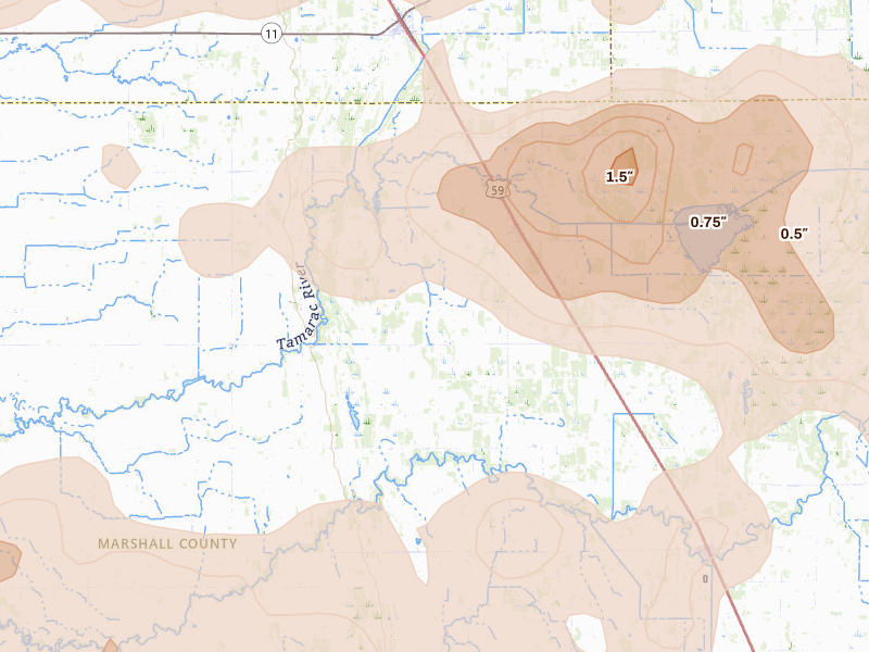 Radar-estimated hail-size map of the storm over Strandquist, MN on Jul 24, 2026