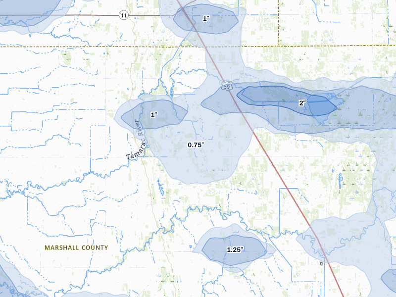 NEXRAD radar-signature map of the hail storm over Strandquist, MN on Jul 24, 2026