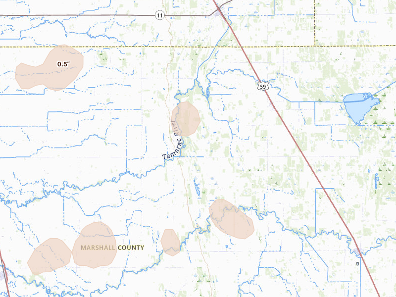 Radar-estimated hail-size map of the storm over Strandquist, MN on Aug 24, 2026