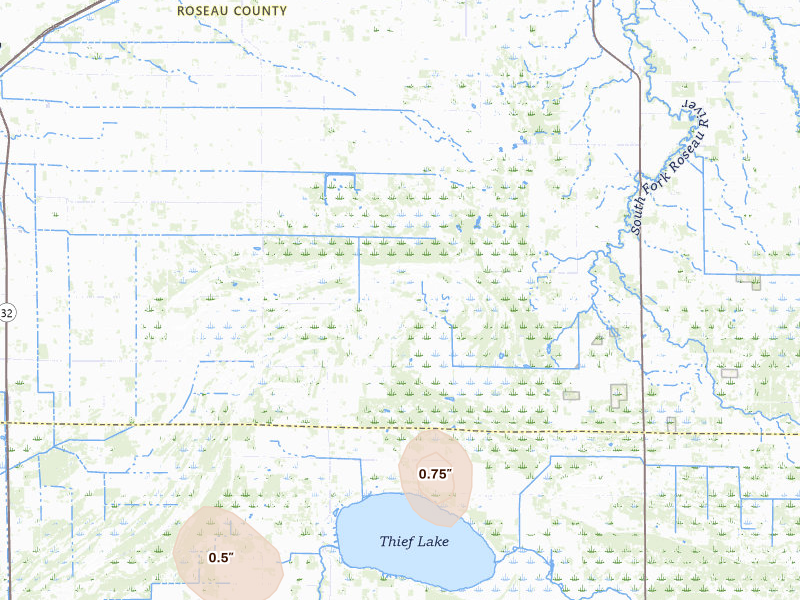 Radar-estimated hail-size map of the storm over Strathcona, MN on Jun 9, 2026