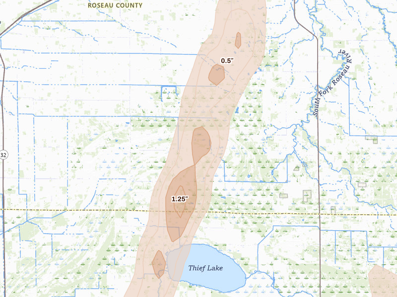 Radar-estimated hail-size map of the storm over Strathcona, MN on Jun 10, 2026