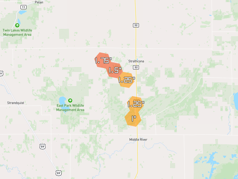 Hail map of Strathcona, MN on Jul 6, 2026, hail up to 1.75"