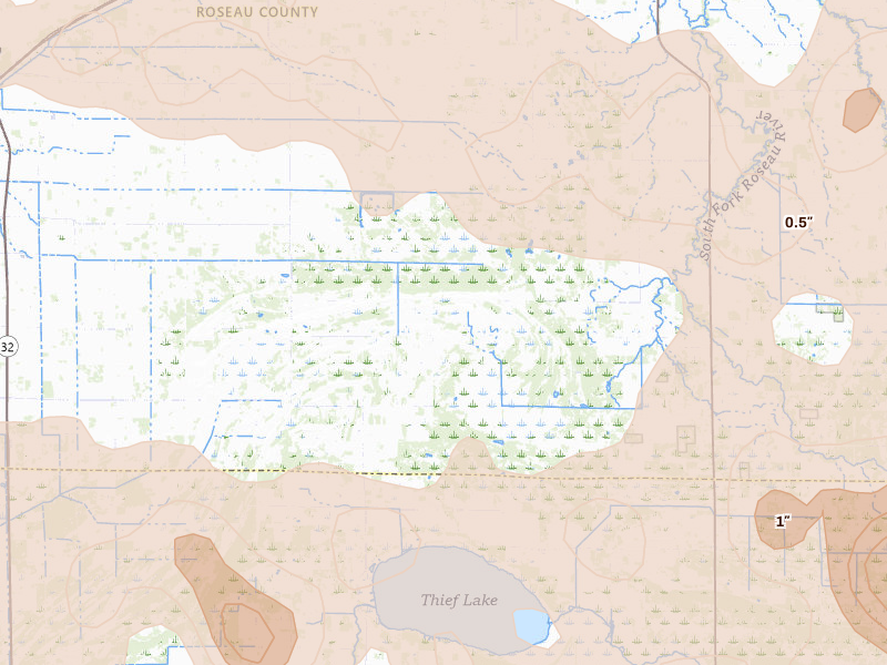 Radar-estimated hail-size map of the storm over Strathcona, MN on Jul 24, 2026