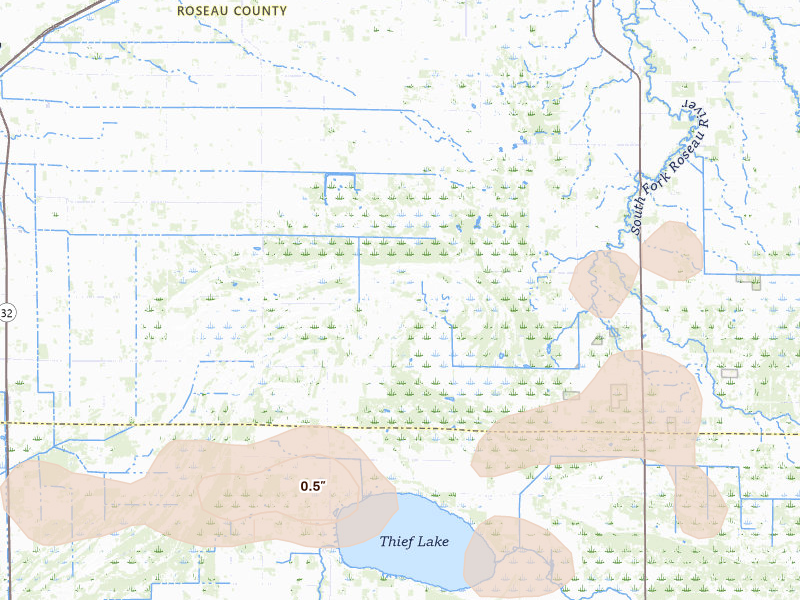 Radar-estimated hail-size map of the storm over Strathcona, MN on Jul 30, 2026